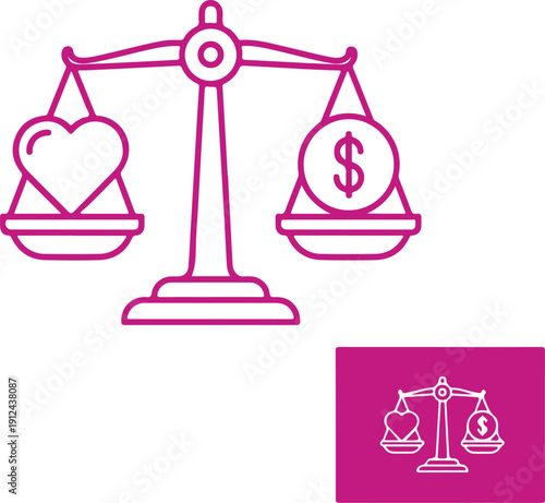 Balance scale with heart and dollar sign symbol for love and money equilibrium isolated on white background, illustration
