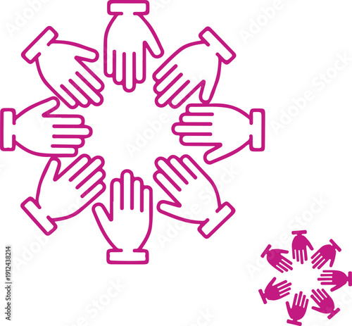 An illustration of eight hands arranged in a circular formation representing teamwork and unity isolated on white background, illustration
