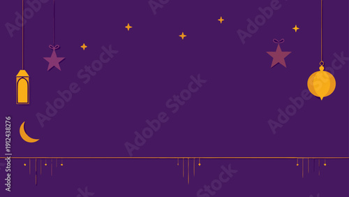 A peaceful and celebratory flat illustration featuring traditional Ramadan lanterns and a crescent moon with copy space on a vibrant purple background