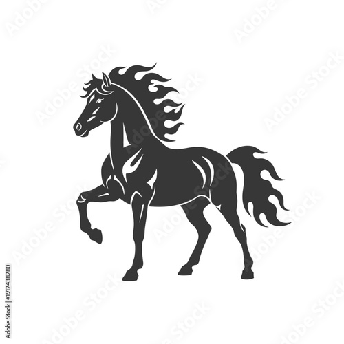 Majestic Black Stallion Rearing on White Background Stylized Silhouette
