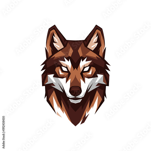Digital Illustration of a Fierce Wolf Head with White Eyes and Brown Fur on White Background