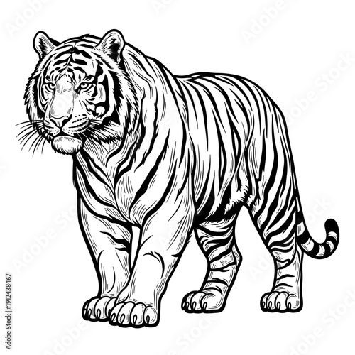 Majestic Tiger Standing Proudly in a Detailed Black and White Illustration