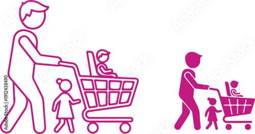 A father pushing a shopping cart with two children and a price tag symbol overhead isolated on white background, illustration