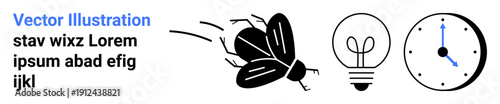 Time management, creativity, productivity, energy, motion, conceptual art. Black fly flying, light bulb analog clock. Time management and creativity illustrations