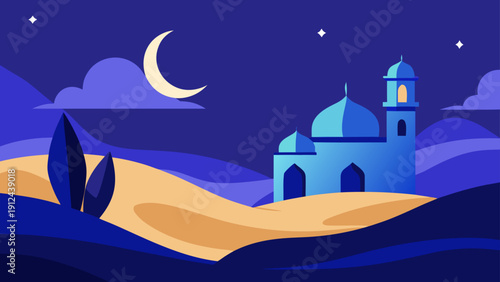 A Minimalist Vector Art illustration depicting a serene and peaceful mosque under a crescent moon at night