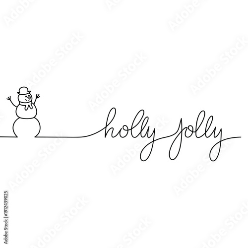 Simple line drawing of a snowman and handwritten holly jolly text