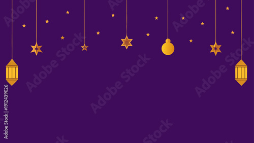 A festive flat design illustration featuring hanging golden lanterns and stars on a dark purple background, perfect for spiritual and celebratory occasions like Ramadan or Eid.