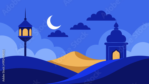 A peaceful and serene flat design illustration capturing the celebratory spirit of Ramadan night with a crescent moon over desert landscapes