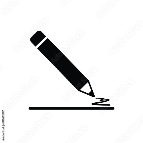Simple black icon depicting a pencil writing on a line