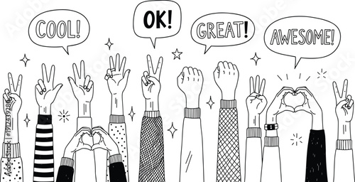 CAD Drawing Flat Vector Illustration of Raised Hands with Peace Signs, Fists, Heart Gestures, Speech Bubbles COOL OK GREAT AWESOME, Positive Decorative Concept Artwork