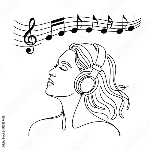 Woman with headphones listening to music depicted with musical notes