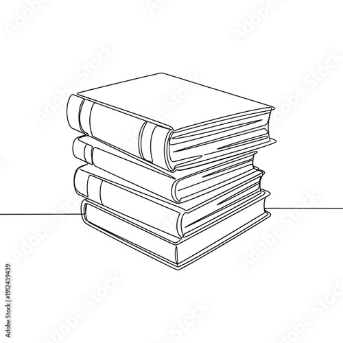 A minimalist line drawing depicts a stack of four books