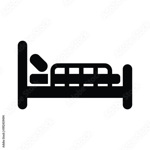 Simple black icon depicting a bed with a pillow and bedding