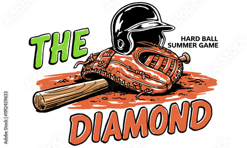 Vintage baseball graphic design with bat, glove, and helmet on the diamond. Hard ball summer game vector illustration artwork for shirt print.