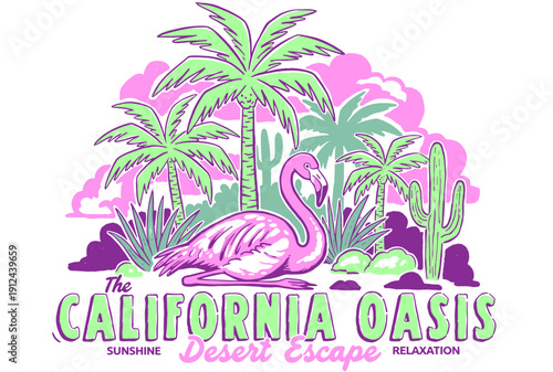 Beach club. Endless summer artwork. Tropical vintage design. Flamingo oasis artwork. Summer vibes artwork. Desert escape vector.