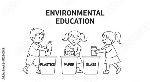 Children Recycling Plastic, Paper, and Glass for Environmental Education