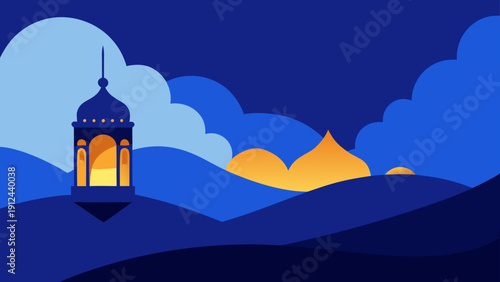 Serene Minimalist Illustration of a Traditional Glowing Fanous Lantern Illuminating a Beautiful Night Sky Perfect for Ramadan and Eid Celebrations