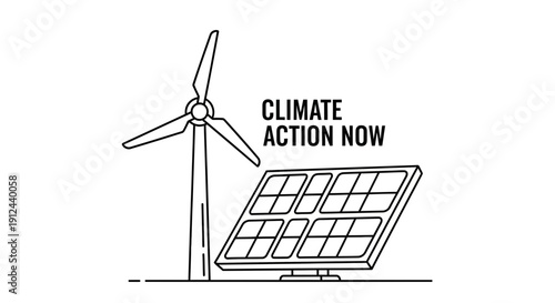 Climate action now: wind turbine and solar panel icon illustration