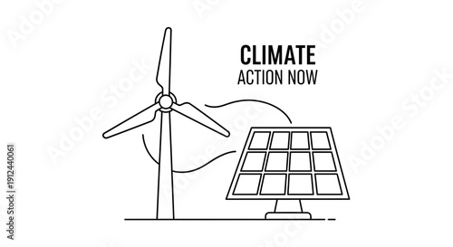 Climate Action Now: Wind Turbine and Solar Panel Line Art Icon