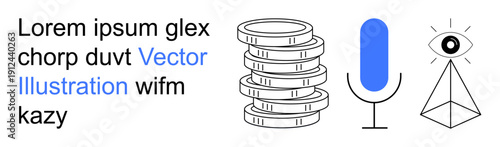 Digital finance, communication, surveillance, modern technology, security, abstract design. Stacked coins, microphone geometric pyramid with an eye. Digital finance and communication concepts
