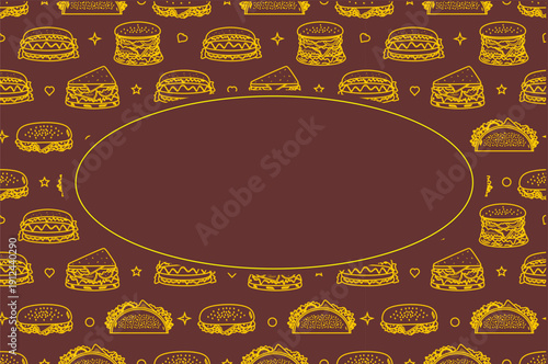 Fast foods doodle with blank oval frame. Fast foods doodle pattern frame design.
