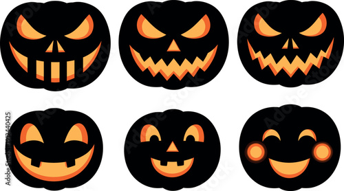 Set of cartoon jack-o’-lantern pumpkin faces in bright orange and black with cute and spooky Halloween expressions