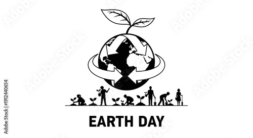 Earth Day Concept: People Planting Seedlings Around Globe with Recycling Symbol