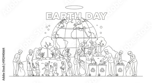 Earth Day Concept: People Cleaning Up Planet, Recycling, Planting Trees, Global Awareness