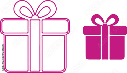 Two gift box icons side by side one in outline style and one in solid black silhouette isolated on white background, illustration