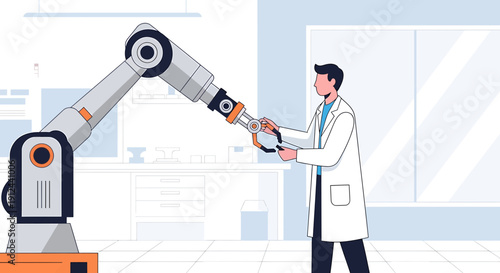 Man in Lab Coat Controls Robotic Arm in Modern Factory Automation