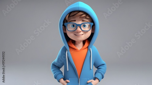 Cartoonish 3d animation boy in glasses with blue hoodie and orange shirt