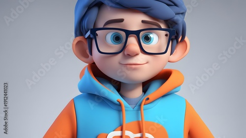 Cartoonish 3d animation boy in glasses with blue hoodie and orange shirt