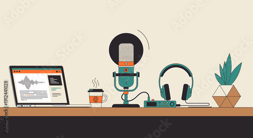 Podcast Studio Setup: Microphone, Laptop, Headphones, and Coffee - Home Recording