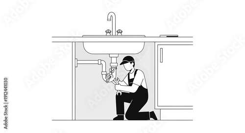 Plumber Fixing Sink Pipes Underneath Kitchen Countertop