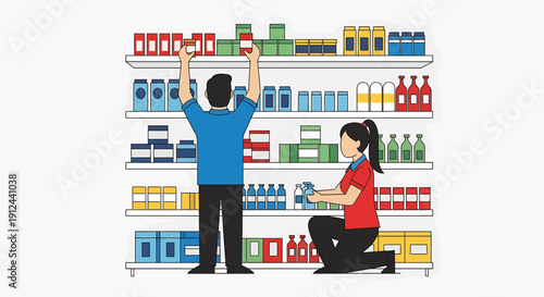Retail staff stocking shelves with products in a store, inventory management concept