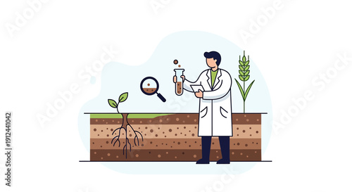Scientist analyzing soil layers and plant growth with magnifying glass and test tube