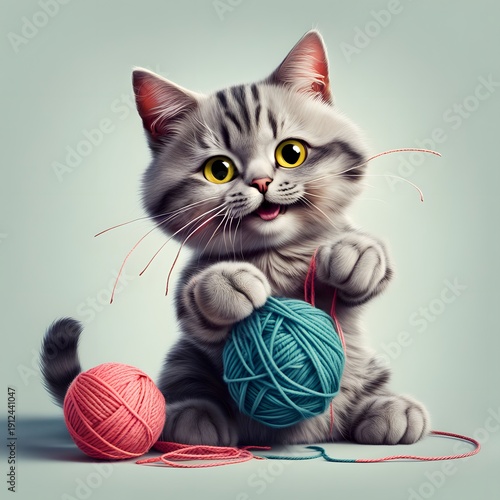 Cartoonish cat playing with a ball of yarn