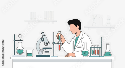 Scientist working in laboratory with microscope and test tubes, conducting research