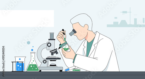 Scientist in Lab Coat Using Microscope and Dropper in Research Laboratory