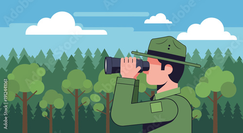 Ranger with Binoculars Scanning Forest - Outdoor Exploration and Conservation