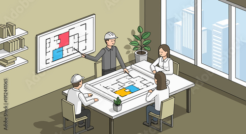 Team Meeting: Architects Discussing Building Plans and Blueprints