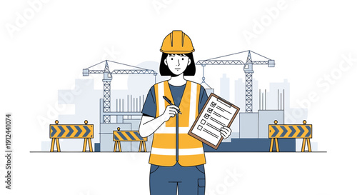 Woman engineer with checklist on construction site with cranes and barriers
