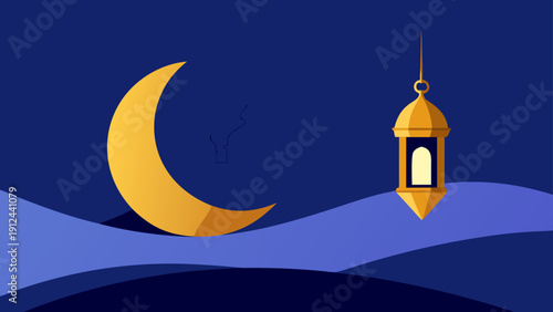 A peaceful and celebratory flat illustration featuring a golden crescent moon and hanging lantern for a serene Ramadan night.