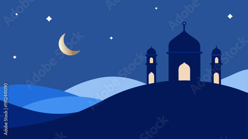 A minimalist flat illustration capturing a serene and spiritual night scene with a mosque silhouette under a peaceful crescent moon and starry sky.