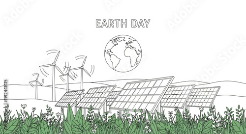Earth Day Concept: Renewable Energy with Wind Turbines and Solar Panels