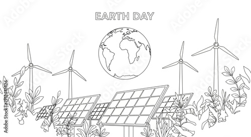 Earth Day Concept: Renewable Energy, Solar Panels, Wind Turbines, Globe Illustration