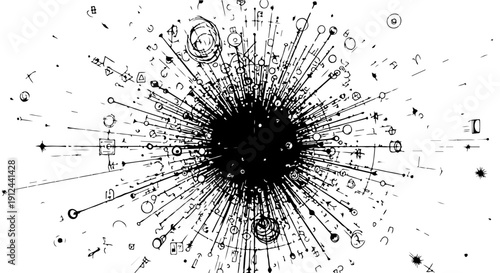 abstract data explosion diagram illustrating complex network connectivity and scientific expansion ideal for physics big data and AI research.