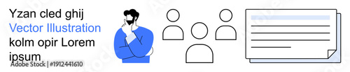 Teamwork, business strategy, communication, organization, corporate planning, collaboration. Graphic showing a thoughtful person, group icons and document. Teamwork and business strategy concept