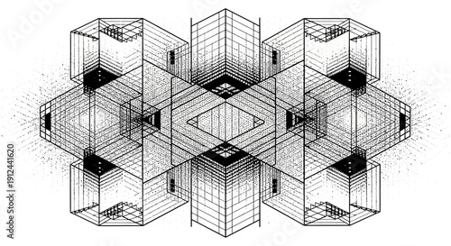 abstract geometric wireframe structure with symmetrical pattern visualizing digital data futuristic technology and conceptual design concepts.