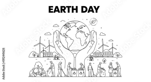 Earth Day Hands Holding Planet, People Cleaning and Recycling, Green Energy